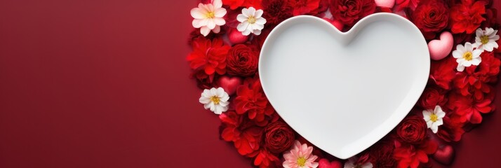 Red heart shape made of flowers on white plate for Valentine's Day red background