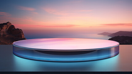 3d empty  round  transparent glass stage podium for presentation on nature  sunset background, Empty  mockup showcase for cosmetic product  promotion sale,Spa and beauty mockup. 