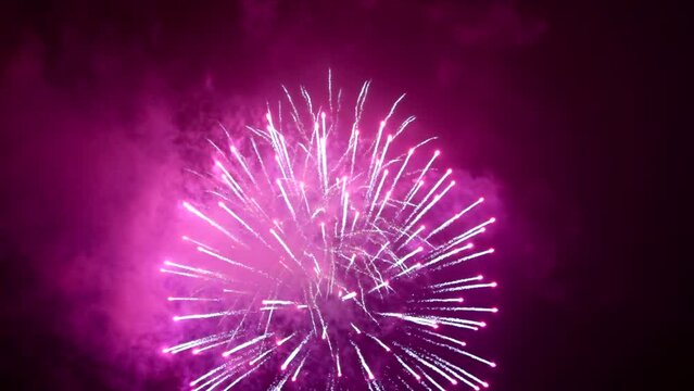 Best beautiful color fireworks in night sky. Slow motion. Loop, sparks, show, event, party, festive, holiday, effect, bright, light, flash, shiny, fun, dark, glow, view, display, hd. ProRes 422 HQ.