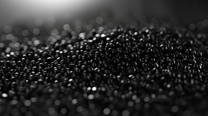 close up of a black surface, 3d black tiny plastic cylindrical grains , black plastic polymer pellets,polymer for pipes,  Plastic and polymer industry, industry. Microplastic products. - obrazy, fototapety, plakaty