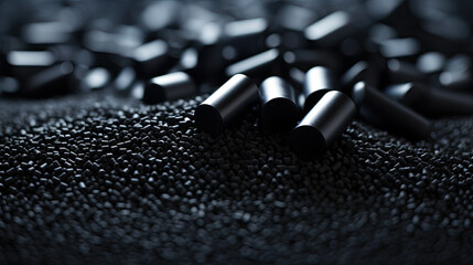 close up of a black surface, 3d black tiny plastic cylindrical grains , black plastic polymer pellets,polymer for pipes,  Plastic and polymer industry, industry. Microplastic products.