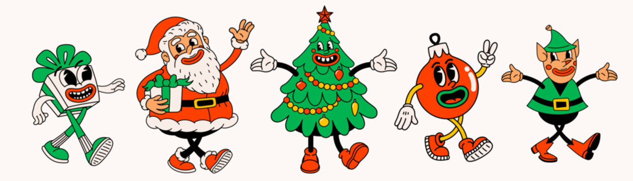 Retro style Christmas cartoon characters. Groovy vintage 30s funny Santa Claus, Elf, gift, ball and Christmas tree