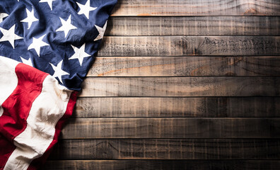 Happy Presidents day concept made from American flag on dark wooden background.