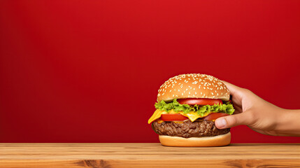 burger in a hand - obrazy, fototapety, plakaty