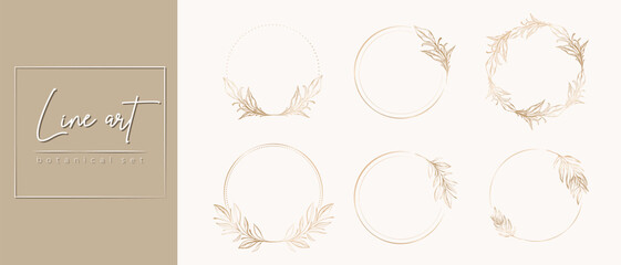 Botanical golden circle frame set. Hand drawn round line border, leaves and flowers, wedding invitation and cards, logo design, social media and posters template. Elegant minimal style floral vector	