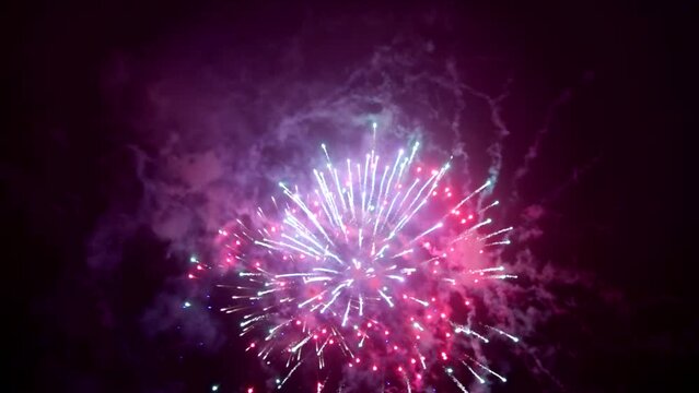 Best beautiful color fireworks in night sky. Slow motion. Loop, sparks, show, event, party, festive, holiday, effect, bright, light, flash, shiny, fun, dark, glow, view, display, hd. ProRes 422 HQ.
