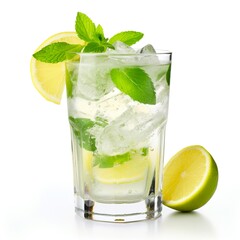 wet glass of cold lemonade with slices of lime, leaves of mint and cubes of ice isolated on white background. Made with generative ai 