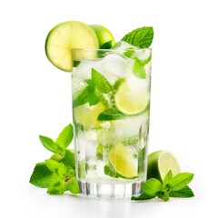 wet glass of cold lemonade with slices of lime, leaves of mint and cubes of ice isolated on white background. Made with generative ai  - obrazy, fototapety, plakaty