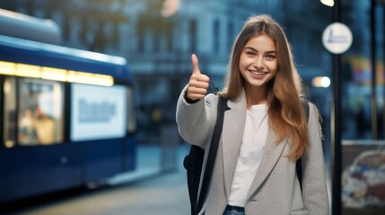 A young woman, wearing a white t-shirt and a grey blazer while carrying a bag, stands at the city with her thumb raised in the morning