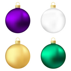 Set of purple, white, gold and green Christmas tree toy or ball