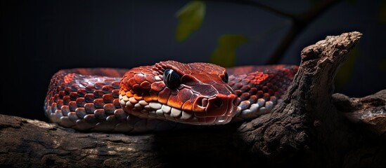 Closeup of a red Boiga nigriceps snake on a tree.