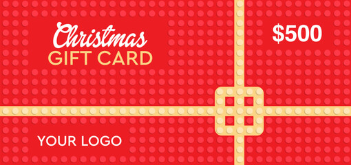 Christmas gift card layout. Red vector design. Plate with golden bow. Present for print. Discount template. Holiday present design. Graphic for shops. Brick style template. Merry christmas voucher