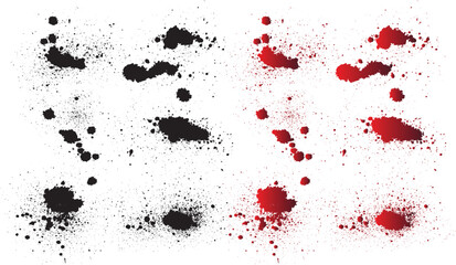 Crime vector red blood splatter spot illustration set. Black horror blood ink splatter background set. red paint background
