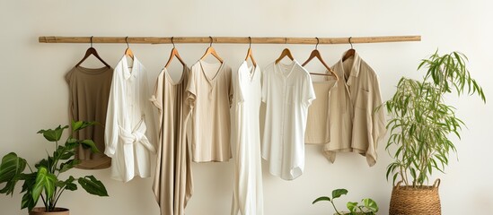 Eco-friendly homemade clothing made with natural fabric and wholesome ingredients, hanging on a rack. - obrazy, fototapety, plakaty