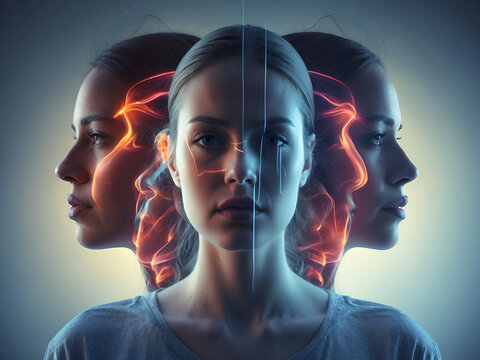 Concept of female mental health. Woman suffering from uncontrollable thoughts, overwhelmed with inner conflict and anxiety, mental illness. Banner for mental health awareness concept.