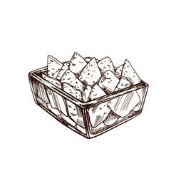 Hand-drawn sketch of nachos in a glass bowl. Vintage drawing of nachos. Vector black ink outline food sketch illustration. Mexican food, cuisine. An illustration for the menu. Latin America.