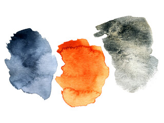 The set of abstract watercolor hand-drawn graphic elements. Strokes of paint on a transparent background. Unique drawn strokes for print and web design, postcard, decoration, surfaces.