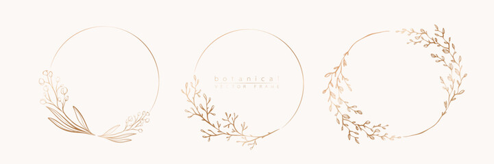 Botanical golden circle frame set. Hand drawn round line border, leaves and flowers for wedding invitation and cards, logo design, social media and posters template. Elegant minimal floral vector.	 - obrazy, fototapety, plakaty