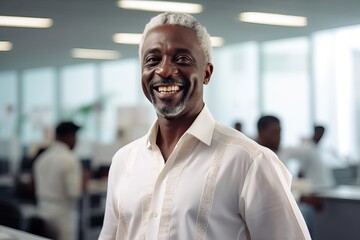 Fototapeta premium Happy confident businessman professional leader wearing blue shirt standing in office. Smiling business man company executive manager worker, eastern entrepreneur at work, portrait.