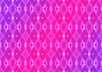 Hand-drawn abstract seamless ornament. Neon gradient (plastic pink to proton purple) background and glowing pattern on it. Cloth texture. Digital artwork, A4. (pattern: p12c)