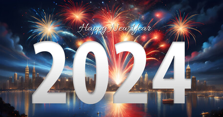 2024 Happy new years eve celebration captured digital painting fireworks exploding illustration - obrazy, fototapety, plakaty
