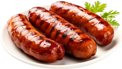Plate of grilled or fried sausage isolated on transparent background