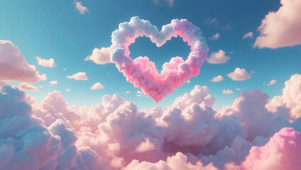 Clouds in the sky in the shape of a heart with pastel colors. Love concept. Valentine's Day hearts, beautiful colorful clouds in the background. - obrazy, fototapety, plakaty