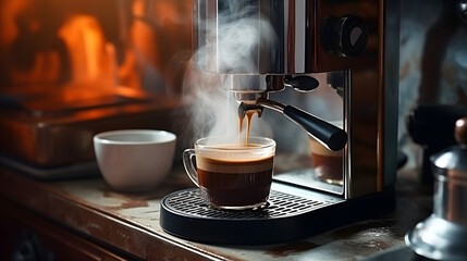 espresso maker making a steaming hot cup of coffee.