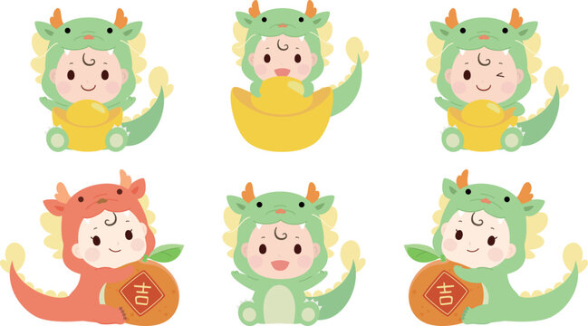 Baby in  Dragon costume holding Ingots and orange. Year of dragon Vector illustration. Chinese translation: BLESSING and LUCKY.
