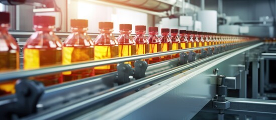 Healthy Drink Industry: Beverage factory interior with production line for herbal drink products, packaging juice in glass bottles with screw caps on a conveyor belt.