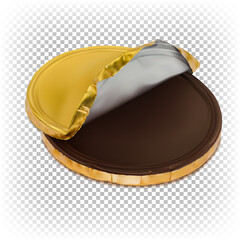 Vector 3d realistic illustration of chocolate coin in gold foil isolated on white background. Sweet dessert, Christmas treat.