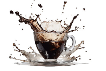 A graphic resource featuring a coffee cup overflowing with splashes, available in PNG format - obrazy, fototapety, plakaty