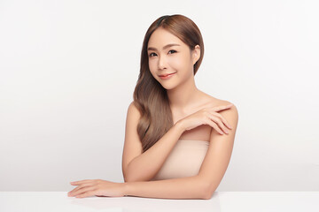 Beautiful young asian woman with clean fresh skin on white background, Face care, Facial treatment, Cosmetology, beauty and spa, Asian women portrait.