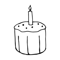 Easter cake with candle. Sweet Pastries Isolated on white background. Doodle vector illustration of anniversary, birthday.