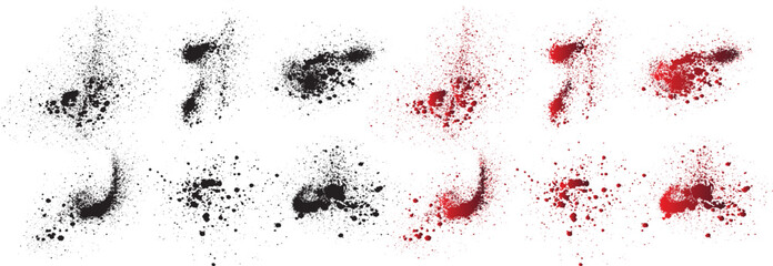 Black blood terror paint vector splash background. Horror red blood splatter vector set - obrazy, fototapety, plakaty