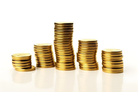 Shiny pile stacks of gold coin isolated on white background for money cash treasure heap topic