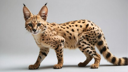 Obraz premium Serval cat on the move, showcasing its spotted coat and long limbs, in a studio setting that highlights the animal's agile nature.