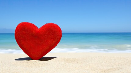 Red Heart on Sandy Beach with Ocean Horizon Background