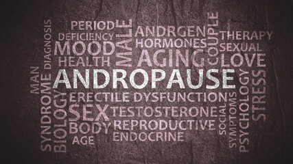 Andropause theme typography graphic work, consisting of important words and concepts. Symptoms middle-aged men testosterone level - obrazy, fototapety, plakaty