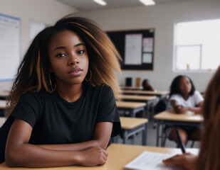 A black teenage girl in a classroom at school