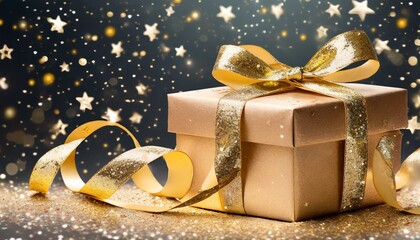 Wallpaper golden gift box with ribbon Funkelnde Weihnachtsüberraschung: Goldene Bänder und Sterne