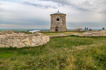 One of the towers of the ancient fortress of the ancient Bulgarian Yelabuga settlement and view of...