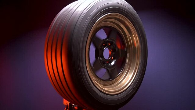 stylish car titanium rims in black and bronze color with fifteen radius shelves in red light in dark room