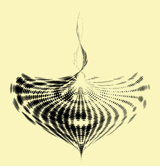 Halftone rolled polka dot mandala with radial dotted rays and top curled extension. Lightening the right side with space for copying text. Whirlabout shape. For logos, trademarks, emblems. Vector.