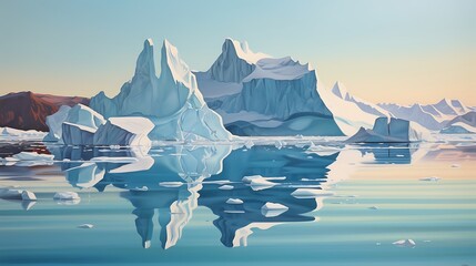 Illustration of icebergs in the ocean at sunset.