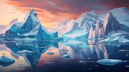 Illustration of icebergs in the ocean at sunset, global warming concept