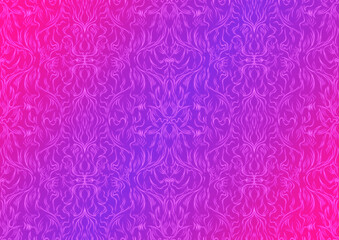 Hand-drawn abstract seamless ornament. Neon gradient (plastic pink to proton purple) background and glowing pattern on it. Cloth texture. Digital artwork, A4. (pattern: p11-1b)