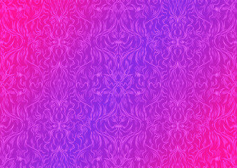 Hand-drawn abstract seamless ornament. Neon gradient (plastic pink to proton purple) background and glowing pattern on it. Cloth texture. Digital artwork, A4. (pattern: p11-1b)