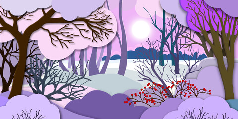 Illustration. Scenery. Winter landscape in lilac tones. Day. Forest. Winter. Trees, branches, berries. Snow.