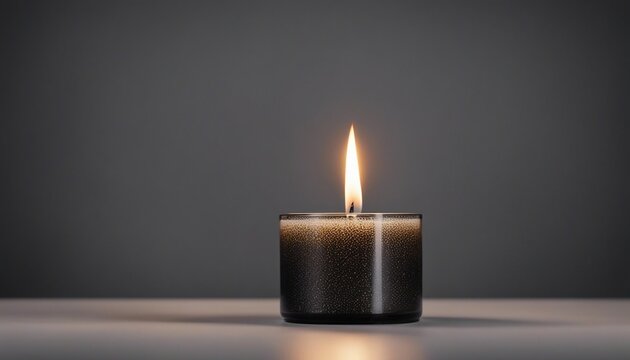 burning candle on a gray background with copy space,